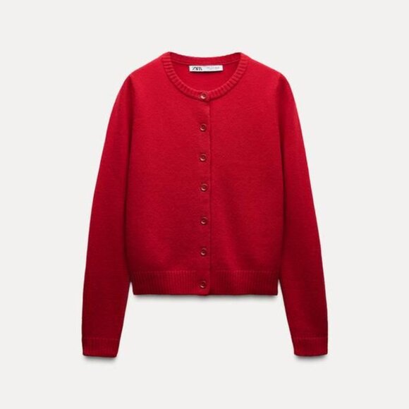 Zara BASIC RED 100% WOOL CARDIGAN - Picture 2 of 6